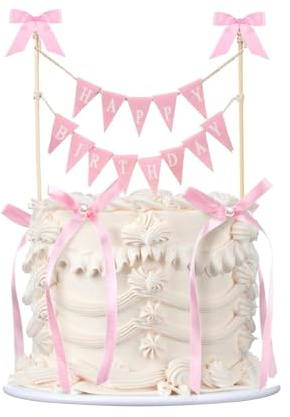 VelvetGlow 11 Pcs Schleife Band Cake Topper Set, Alles Gute Zum Geburtstag Wimpelkette Mit Holzstange, Handgemachte Wimpelflaggen FüR Geburtstag Und Brautparty Dekoration, Rosa