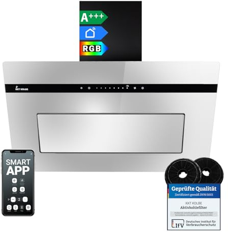 KKT KOLBE A+++ cappa aspirante 80 cm 782 cbm/h convezione aria di scarico, senza testa, specchio in vetro nero, ricarica automatica, Smart WiFi App WiFi, SensorTouch, illuminazione LED RGBW