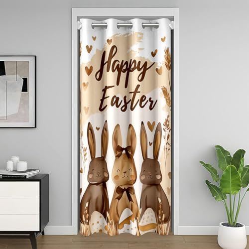 Manfei Frohe Ostern Tür Vorhang (1 Panel),Niedliche Kanincheneier Tür Privatsphäre Vorhang für Schlafzimmer Küche Dekor,Braune Blumenblätter Schrankvorhang, H203 x B86 cm