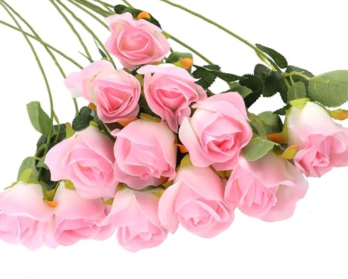Esitrormi 12Pcs Pink Artificial Roses, Long Stem Fake Flowers for Valentines Wedding Home Party Decoration & Gift