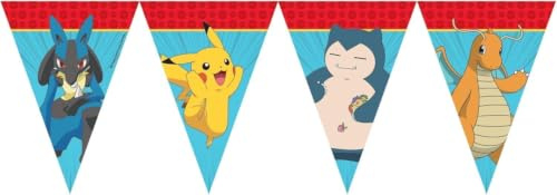 Procos Ghirlanda di Bandierine Pokémon 2,3 m, Decorazione in Carta per Feste e Compleanni Bambini, Bandiere 20 x 30 cm con Corda