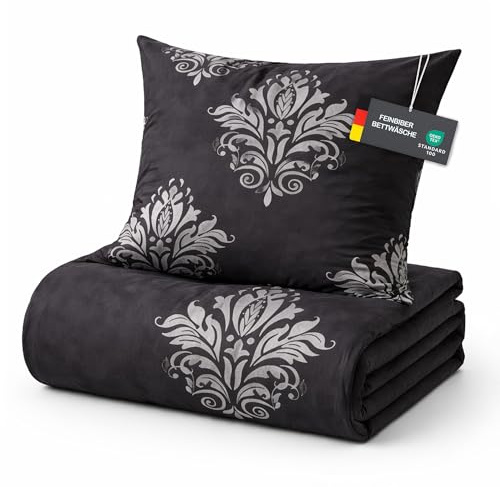 Bestlivings Feinbiber Bettwäsche 2-teilig - Schwarz (Ornament) 155x220/80x80 cm, Bettbezug mit Reißverschluss, warm, weich, Öko-Tex 100