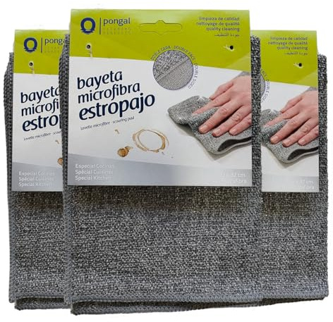 Clim Profesional Pack 3 Bayetas Microfibra y Estropajo 32x32cm No Raya | Absorbe 7x su Peso, Secado Rápido, Reutilizable, Apto Vitrocerámica y Acero Inoxidable