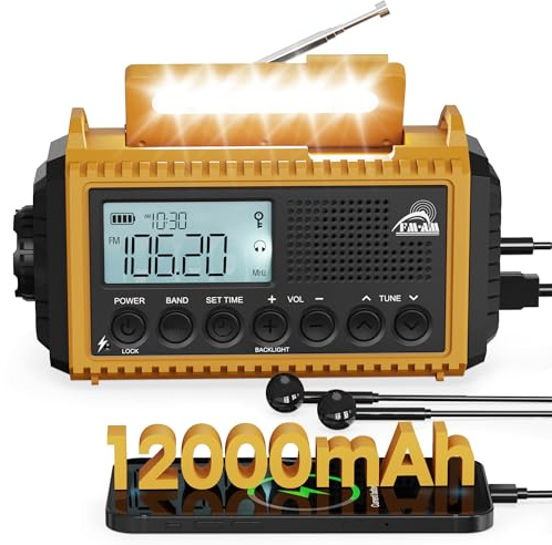 Roxicosly 12000mAh AM/FM/SW Solar Wind Up Torch Radio with USB Charger | LCD Time Display, 2-Level Flashlight & Reading Lamp, Loud SOS Alarm, 3.5mm Headphone Jack, Backlight for Camping Survival