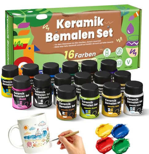 Sudale 16 Porzellan & Glas Farben (à 20ml) – Spülmaschinenfeste Keramikfarbe auf Wasserbasis, inkl. 6 Metallicfarben.Ideal zum Bemalen von Tassen, Tellern & Weingläsern für Erwachsene