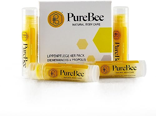 Lippenbalsam mit Bienenwachs & Propolis Ohne Aroma | Natürliche Lippenpflege handgemacht in Baden-Württemberg | Mit Jojoba-, Avocado- & Aprikosenkernöl | PureBee (Ohne Aroma, 4 Stifte)