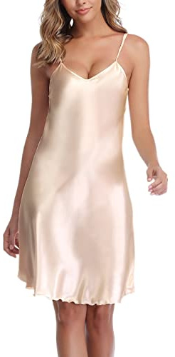 Vlazom Camicie da Notte da Donna, Donna Sexy Sottoveste Senza Maniche Cinturino Regolabili Spalline Camicia da Notte,XL,Champagne