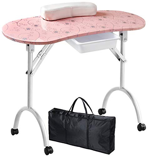 Kalolary Tragbarer Nageltisch Maniküre Tisch mit Rollen Rosa 35.4 x 15.7 29.7 Modern Metall MDF