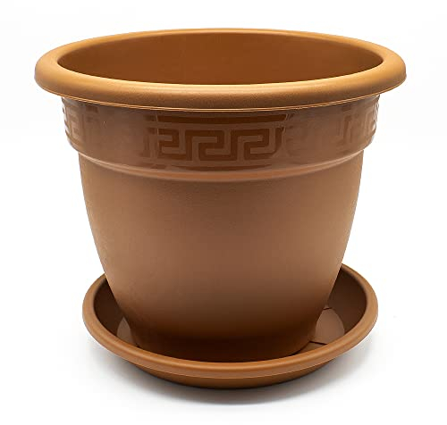 CABLEPELADO Macetero Redondo de plástico con Plato, Maceta de plástico, Tiesto para Flores, Macetero para Suelo, 41 cm Altura x 52 cm Diámetro Superior, Incluye Plato macetero, Plástico, Marrón