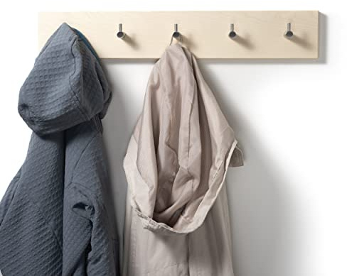WOODS Hakenleiste Garderobe Holz massiv I Garderobenleiste Handtuchhalter Garderobenpaneel I moderne Wandgarderobe 55cm (5 Haken), Ahorn, Edelstahl Haken