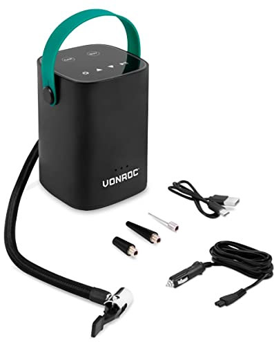 VONROC Mini Compresseur d’Air Portable 12V – Batterie Li-Ion 2.0Ah – 7 Bar / 101 PSI – 30L/min – Avec Écran LED, Type-C & Prise Auto 12V – Pour Voiture, Vélo, Moto, Ballons & Matelas – CR505DC
