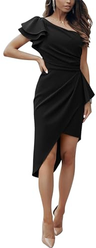 BTFBM Women 2025 Summer Fashion Elegant One Shoulder Cocktail Dress Ruffle Sleeve Wrap Ruched Bodycon Short Party Dresses(Black, Medium)