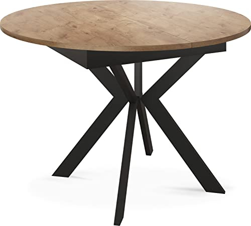 Rotondo Allungabile Tavolo da Pranzo con Nere Gambe Metalliche - Conservazione Interna del Piano di Estensione - Industriale Rotondo Tavolo per Soggiorno - Salvaspazio - 100 cm - Rovere Lancelot