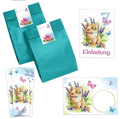 Minkocards 12 Einladungskarten zum 7. Kindergeburtstag Mädchen Katze Kätzchen Einladung siebte Geburtstag incl. 12 Umschläge, 12 Partytüten/petrol, 12 Aufkleber, 12 Lesezeichen