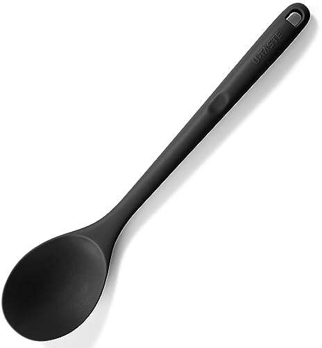 U-Taste 33.9 cm extra langer Silikon Löffel, 315℃ Hitzebeständiger BPA-freier massive Kochlöffel, antihaftbeschichteter nahtloser Küchen Servierlöffel zum Mischen Rühren Begießen Schöpfen (Schwarz)