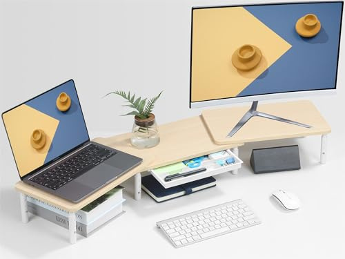 ETHU Dual Monitorständer Holz mit Schublade, Längenverstellbar, Eiche | Ergonomische Bildschirmerhöhung für zwei Monitore; Verstellbare Länge und Winkel mit Handyhalter für Heimarbeit und Büro