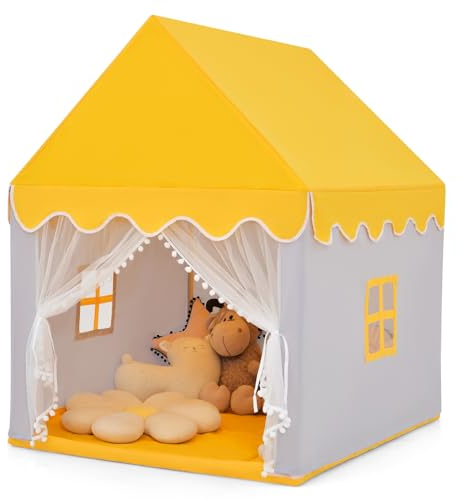 GOPLUS Spielhaus Kinder Indoor, Kinderzelt mit gepolsterter Matte, 2 Fenster, Vorhänge, Hausform Spielzelt für Kleinkinder, Zelt Kinderzimmer mit Holzrahmen für Mädchen & Jungen ab 3 Jahren (Gelb)