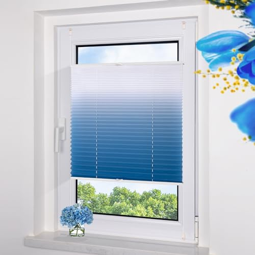 Grandekor Plissee ohne Bohren Farbverlauf Blau-Weiß 60x130cm, Plissees Klemmfix Sichtschutz und Sonnenschutz Blickdicht Faltrollo Lichtdurchlässig Rollos für Fenster ohne Bohren