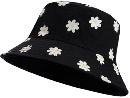 JJDreams Chapeau de Pêcheur avec Fleur Bob Femme Noir Chapeaue Soleil Anti UV Pliable Chapeau Seau Double Face