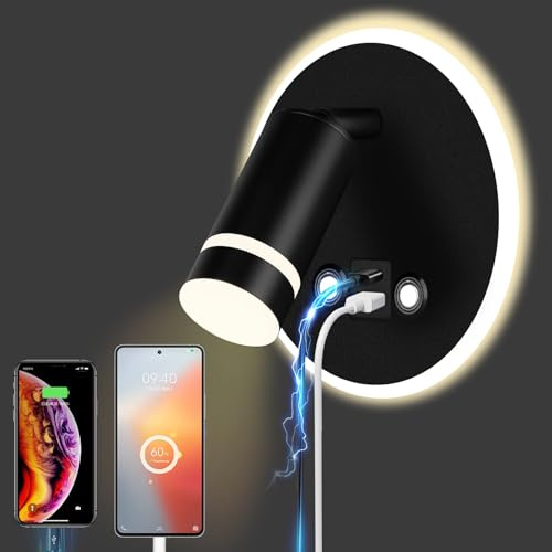 HUIZHOU LED Wandleuchte mit USB 12W, Leselampe Wandmontage mit Touch-Control, 3 Farbtemperaturen, 350° drehbar, Bettlampe Wand für Schlafzimmer & Wohnzimmer(Rund schwarz)