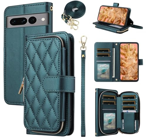ELISORLI Wallet Case for Google Pixel 8 5G with Detachable Wrist Strap Crossbody Shoulder Strap 9+ Card Slots, Zipper Purse Luxury PU Leather Stand Cell Phone Cover for Pixel8 Pixle Eight Women Green