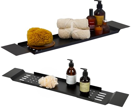 DABSTORY Plateau de baignoire en acier inoxydable réglable 70 cm à 94 cm Plateau de salle de bain rectangulaire Boîte de rangement rectangulaire pour bougies, savon, serviettes (noir)
