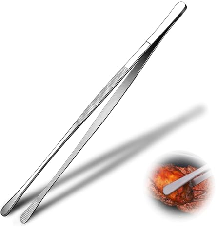BRITECO Kitchen Long Tweezers - 30cm/12 Inch Stainless Steel Cooking Tongs for Chefs, Barbecue, Food Serving - Straight Food Clip, Ergonomic Handle, Dishwasher Safe