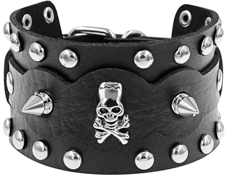 JewelryWe Schmuck Herren Breit Lederarmband Gotik Ring Kreis Nieten geflochten Leder Armreif Manschette Druckknopf Punk Rock Biker Armband verstellbar Schwarz/Rot