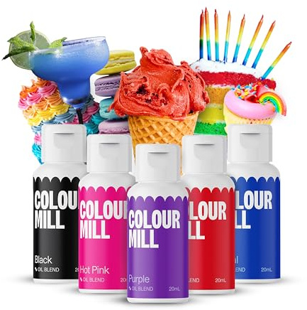 Colour Mill Lebensmittelfarbe Set, 5x20 ml Ölbasiert, perfekt zum Backen | Black, Red, Hot Pink, Purple, Royal, UV-beständig, als Backzubehör für Torten, Muffins, Tortendeko, Dekorieren