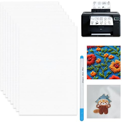 8 Stück A4 Stickvlies Wasserlöslich Selbstklebend, Blanko Stickvorlagen Wasserlöslich Bedruckbares Wasserlösliches Stickvlies, Stickvlies Selbstklebend mit Stift für Maschinenstickerei und Handnähen