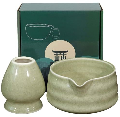 GOMETY - Cuenco para matcha japonés de cerámica con caño vertedero, soporte para batidor y té Chawan tradicional, color matcha