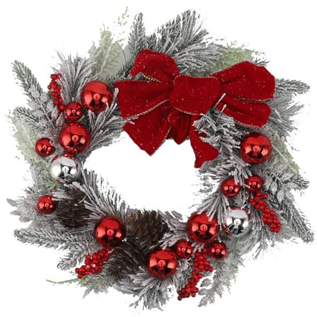 Weihnachtsdekoration, 45,7 cm, Weihnachtskranz mit Kugeln, Tannenzapfen, roten Beeren und Schleife, künstlicher Winterkranz für Zuhause, Tisch, Wand, Fenster, Innen- und Außenbereich, Dekoration