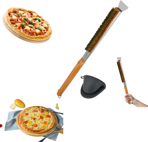 Pizza Oven Brush with Scraper,21'' Long Pizza Stone Cleaning Brush,Heat-Resistant Copper Bristles,Pizza Oven Tools and Accessorie,for Pizza Stone BBQ Grill Cleaning