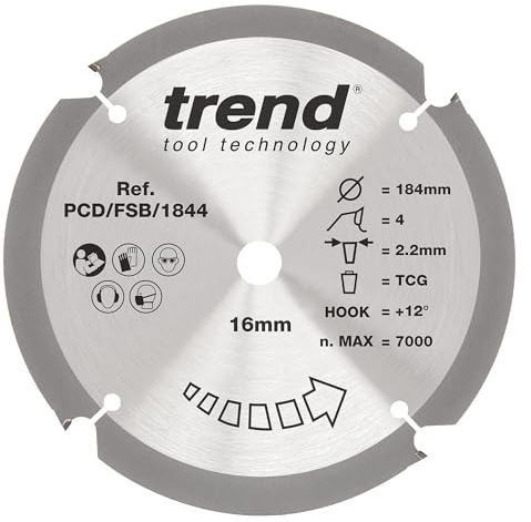 Trend Kreissägeblatt aus PCD-Faserzement, 184 mm Durchmesser, 16 mm Bohrung, 4 Zähne, 2,2 mm Schnittfuge, +12° Haken, PKD, grobe Oberfläche, PCD/FSB/1844