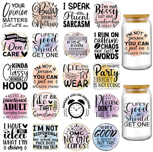 INCOK Rub on Transfers for Crafts - 20 Sheets Funny UV DTF Cup Wraps for 16 oz Glass, Black Satire Mug Transfer Stickers DIY Creative Decals Office Gifts