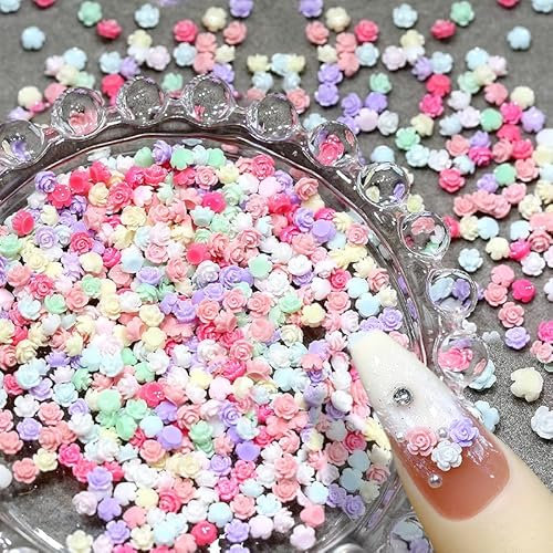 100 Stück Zufällig Gemischte Farben 4mm Flower Nail Charms 3D Blumen Charms Nägel Bunt Kamelie Rose Blume Mini Kunstharz Floral Nägel Charm Flatback Flowers Nail Art Charm Nageldesign Zubehör Nailart