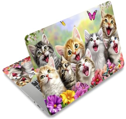 PLIGREAT Lindo gato adhesivo para computadora portátil cubierta de piel pegatinas con gatos selfie adecuado para portátil de 15 pulgadas universal extraíble vinilo protector arte cubierta PC