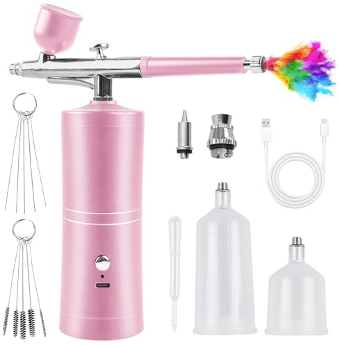 Set aerografo con compressore, kit aerografo portatile senza fili, kit aerografo ricaricabile, multifunzione a doppia azione per nail art, tatuaggi, trucco, modello, pittura (rosa)