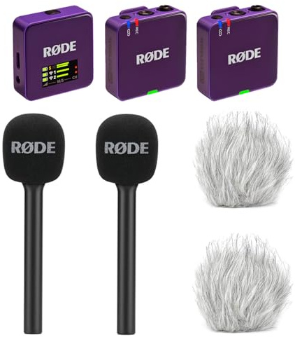 Rode Wireless GO Gen 3 - Sistema wireless per microfono a 2 canali, colore viola con 2 adattatori a mano e 2 paravento Keepdrum