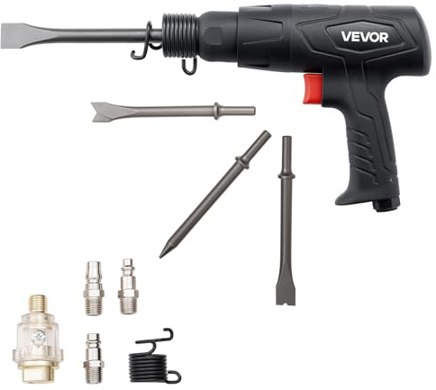 VEVOR Martillo Neumático de 2500-2700 BPM Carrera de 70 mm con 4 Cinceles de Barril Largo de 170 mm Martillo de Cincel de Aire 14,5 CFM Herramienta de Pala Neumática para Cortar, Raspar, Demoler