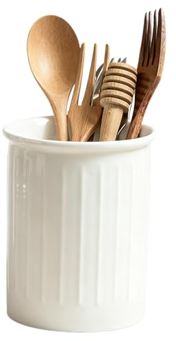 Zuzer Porta Utensili da Cucina in Ceramica, Portamestoli Coltelli Compatto per Piano di Lavoro, Contenitore Utensili Cucina, Smaltato Lucido, Bianco