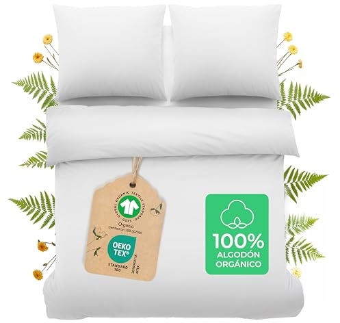 Dreamzie Funda Nordica Cama 200 Algodon Organico - Funda Nordica 240x220cm, Fundas de Almohada 65x65cm (x2) - Funda Edredon Ropa de Cama Algodon Percal 180 TC - Certificado Oeko-Tex & Gots - Blanco