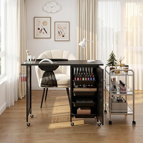 Mobile Manicure Nail Table, Professional Nail Station with Electric Nail Dust Collector, Adjustable LED Lamp, Wrist Cushion and 4 Removable Drawers,Beauty Salon Workstation Manicure Nail Desk, Black