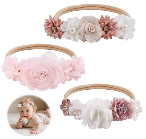 3 Stücke Baby Haarband, Weiche Baby Mädchen Stirnbänder Zarte Blume Elastisches Haarband Niedlich Floral Haarbänder Dünne mit Blumen Perle Für Party Hochzeit Taufe Familienfoto Geschenke und Partys