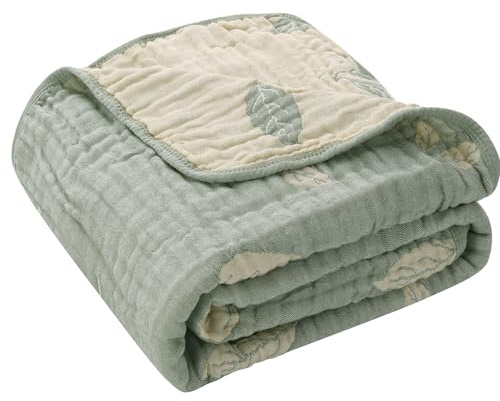 HardNok Botanical Muslin Baby Blanket - Made with Organic Cotton, Sage Green Leaf Jacquard for Gender Neutral Nursery, Baby Registry Gift, 43x43 Inches (Terra Sage Green)