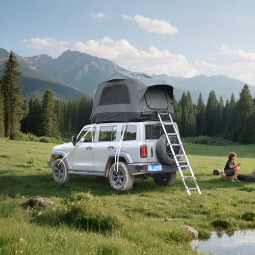 Aufblasbares Dachzelt Auto - Ultraleicht 30kg Softshell Autozelt mit 15cm Drop-Stitch Boden - Wasserdichtes 300D Camping Dachzelt inkl. Leiter & Pumpe für SUV/Kombi (Grau/Schwarz, 2-3 Personen)