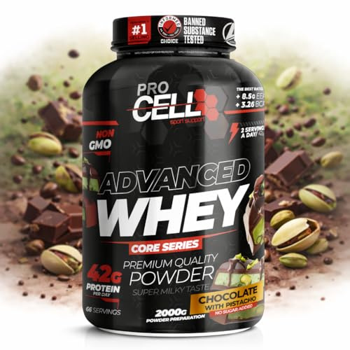 Procell Proteinas Whey Advanced 2kg (Choco Pistacho) Zero Azúcar, 21g de Proteina, 66 Servicios Whey Protein Concentrado y Aislado de Suero - Proteinas para Masa Muscular en Polvo para Batidos