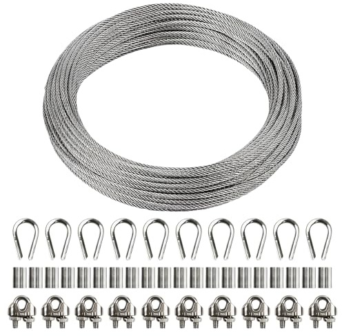 Cable de Acero Inoxidable de 30m 3mm,Kit de Cuerda de Alambre con 10 Abrazaderas para Cables,10 Dedales,20 Manguitos de Crimpado,Núcleo de 7 x 7, para Tendedero Exterior,Lámpara Colgante,Valla
