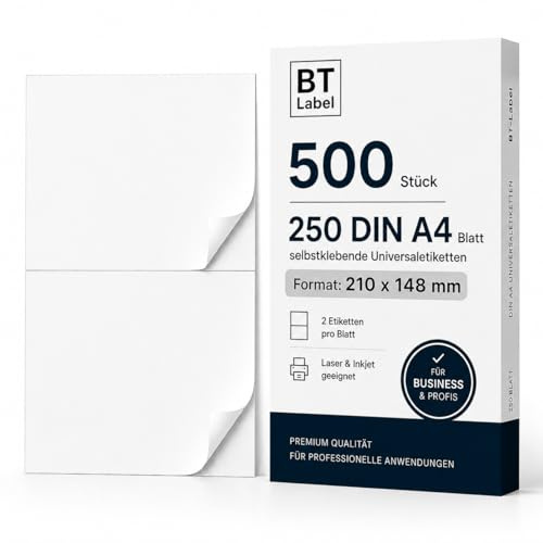 BT-Label 500 Universaletiketten 210x148 mm | Selbstklebende Versandetiketten auf 250 A4 Blättern (2 pro Blatt) | Paketaufkleber für DHL, Hermes, FBA | Laser & Inkjet Weiß