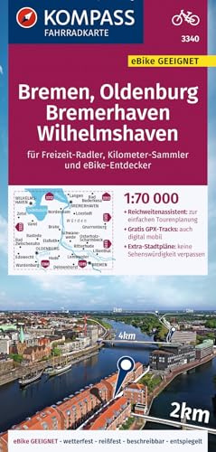 KOMPASS Fahrradkarte 3340 Bremen, Oldenburg, Bremerhaven, Wilhelmshaven 1:70.000: reiß- und wetterfest mit Extra Stadtplänen